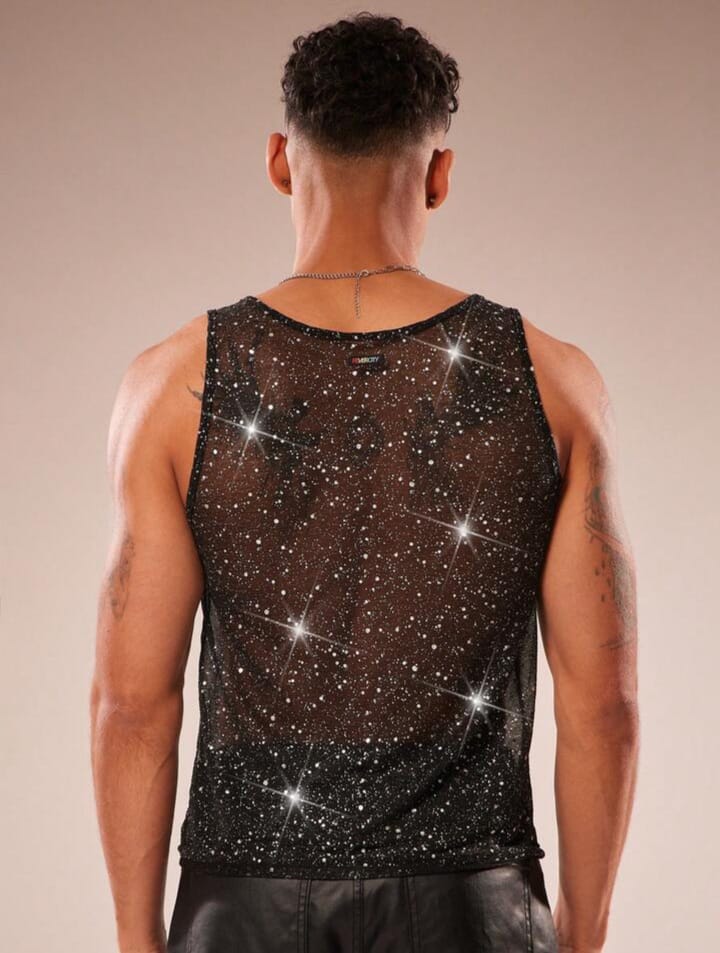 Men's Mesh Sheer Glitter Round Neck Sleeveless Tank Top